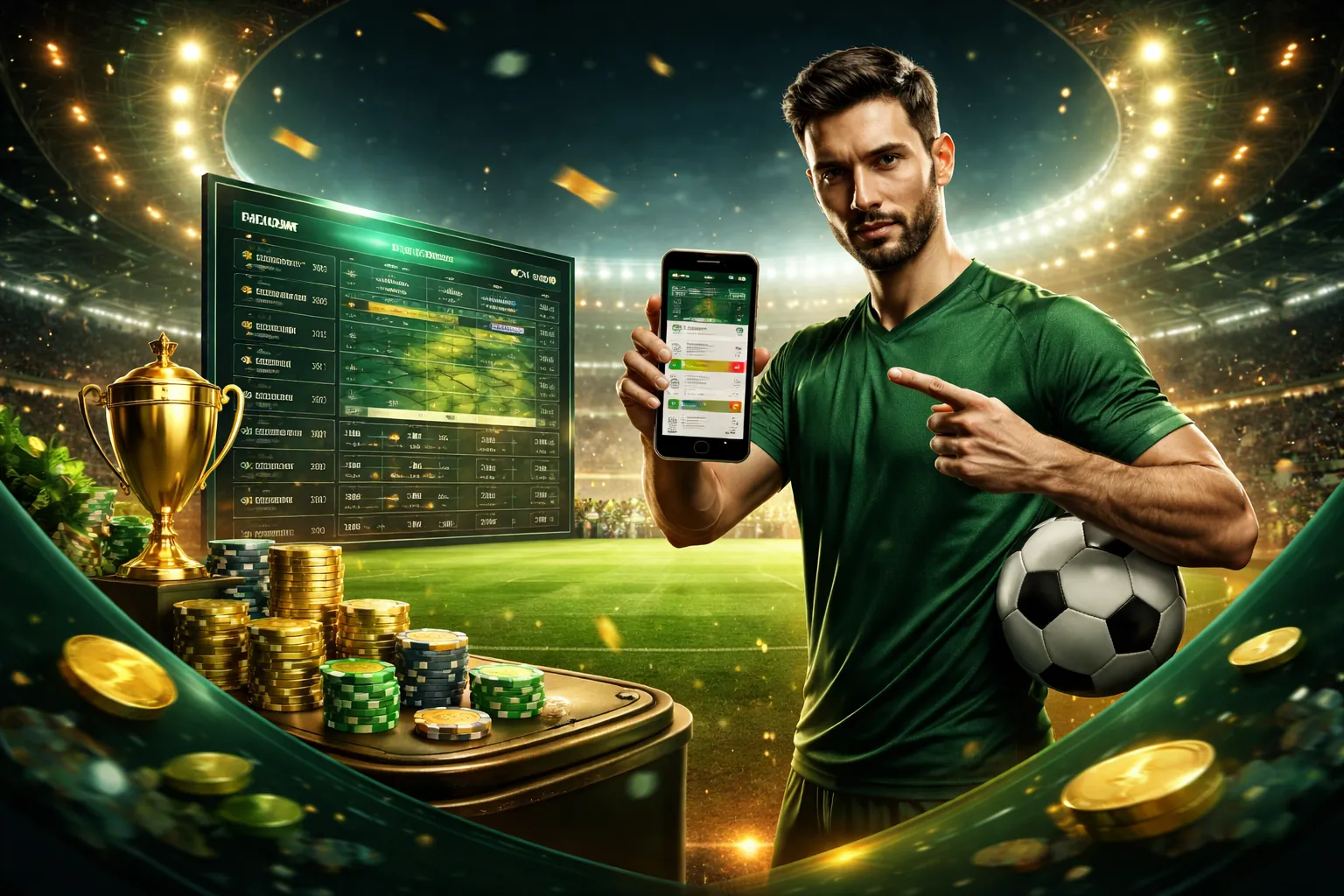 Sân vận động bóng đá với khán giả cổ vũ, biểu tượng cá cược bóng đá tại 36win